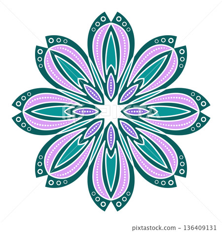 Balanced harmonious pattern. Delicate spring round symmetry ornament. Green purple mandala on white background. Floral oriental pattern in soft colors Balanced harmonious pattern. Delicate spring round symmetry ornament. Green purple mandala on white background. Floral oriental pattern in soft colors 136409131