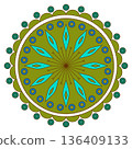 Round green blue round ornament on white background. Colorful mandala vector illustration. Ethnic geometry round design element for decor 136409133