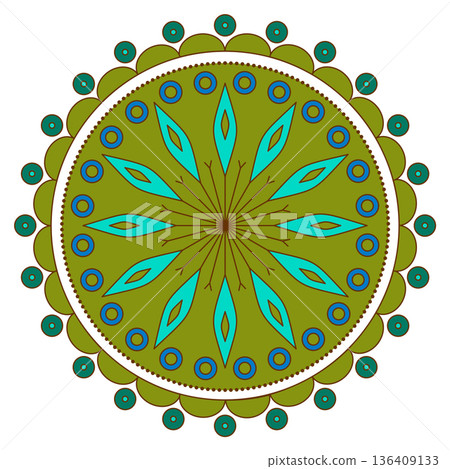 Round green blue round ornament on white background. Colorful mandala vector illustration. Ethnic geometry round design element for decor Round green blue round ornament on white background. Colorful mandala vector illustration. Ethnic geometry round design element for decor 136409133