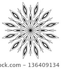Mandala ornament vector illustration. Black manyrayed snowflake on white background. Christmas holiday decor. Coloring page. Monochrome ethnic tattoo 136409134