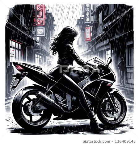 Woman on motorcycle in rainy neon-lit city street Woman on motorcycle in rainy neon-lit city street 136409145