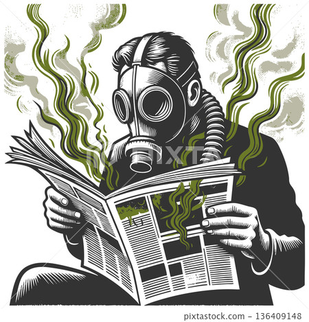 Man reading toxic news while wearing gas mask 136409148