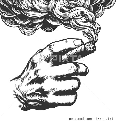 hand holding a smoking cigar vintage raster 136409151