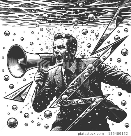 Man shouting underwater megaphone concept art Man shouting underwater megaphone concept art 136409152