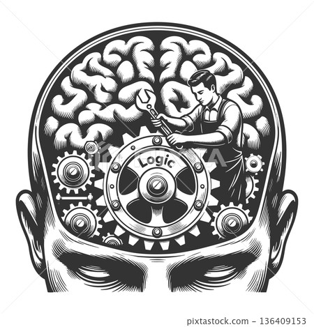 Man repairing logic gears inside human brain 136409153
