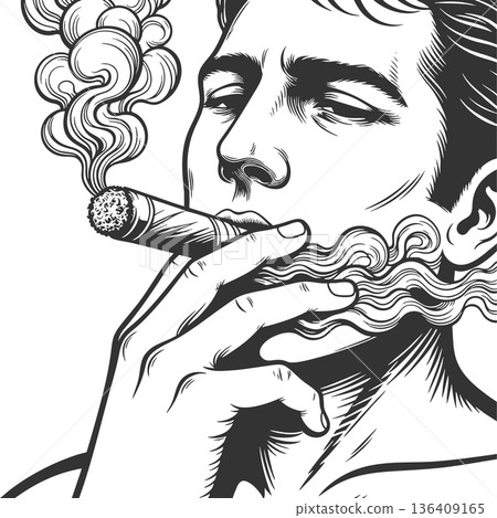 man smoking a cigar engraving sketch raster man smoking a cigar engraving sketch raster 136409165