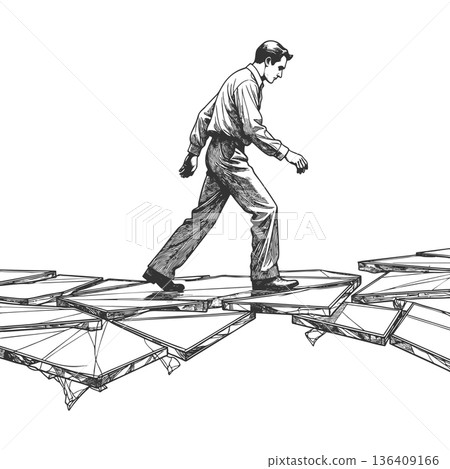 Man carefully walking across unstable glass panels Man carefully walking across unstable glass panels 136409166