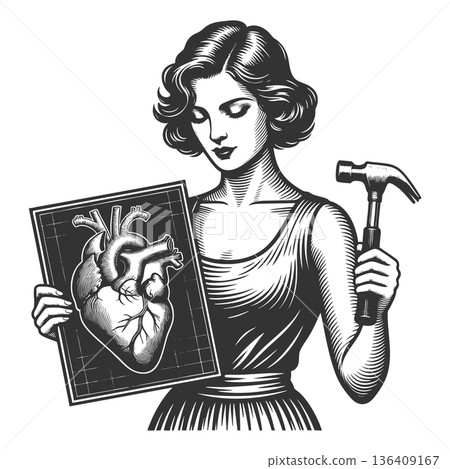 Confident woman holding anatomical heart blueprint 136409167