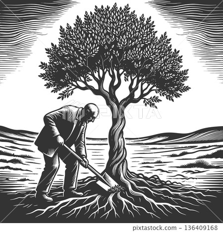 Legacy Builder Man Planting Tree in Barren Land 136409168