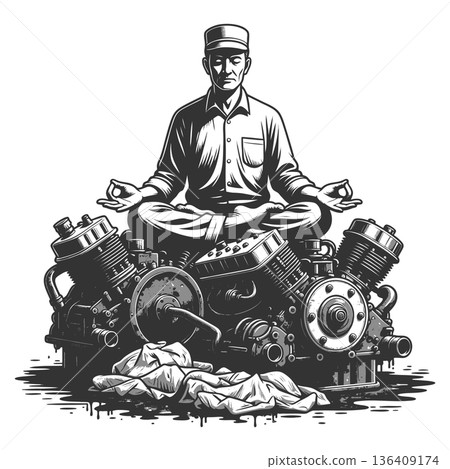 Mechanic meditating on engine parts in lotus pose 136409174
