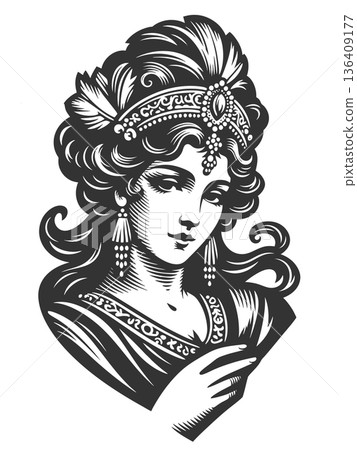 woman with tiara and fan engraving sketch raster 136409177