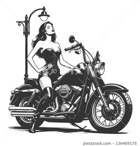 woman posing on motorcycle under streetlamp woman posing on motorcycle under streetlamp 136409178