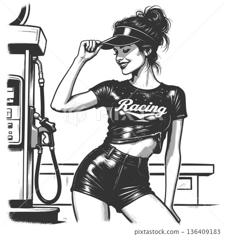 Smiling woman in racing outfit at gas station Smiling woman in racing outfit at gas station 136409183