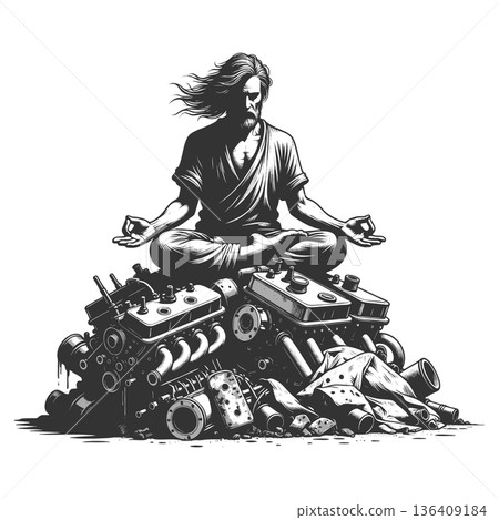 Mechanic meditating on engine parts in lotus pose 136409184