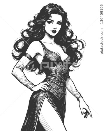 Elegant fantasy woman in ornate dress vector Elegant fantasy woman in ornate dress vector 136409196