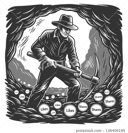 Man mining for social media likes and shares Man mining for social media likes and shares 136409199