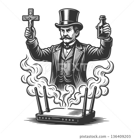 exorcist performing ritual on Wi-Fi router raster 136409203