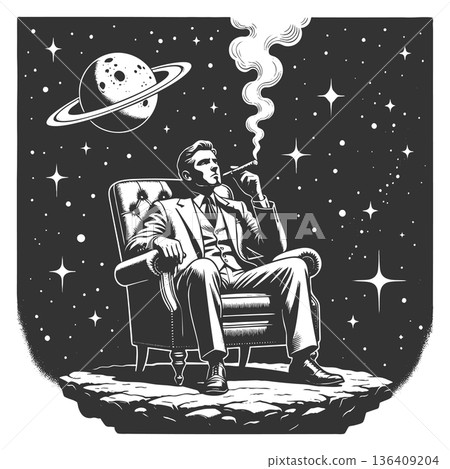 Elegant man smoking cigar while seated outer space Elegant man smoking cigar while seated outer space 136409204