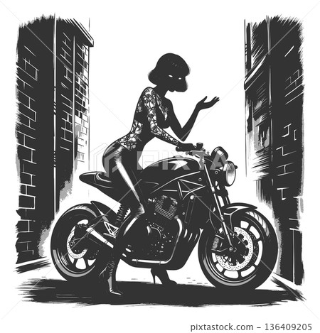 Tattooed woman on motorcycle in dark alley vector Tattooed woman on motorcycle in dark alley vector 136409205