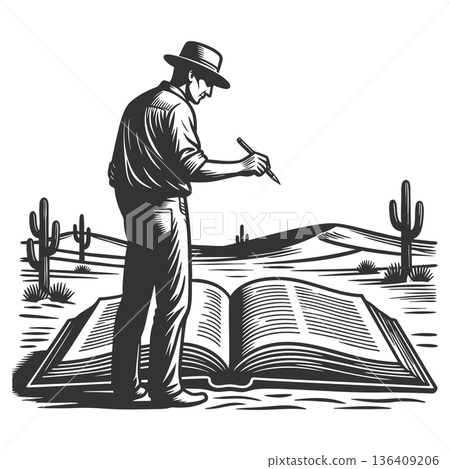 Man writing in giant book in desert landscape Man writing in giant book in desert landscape 136409206
