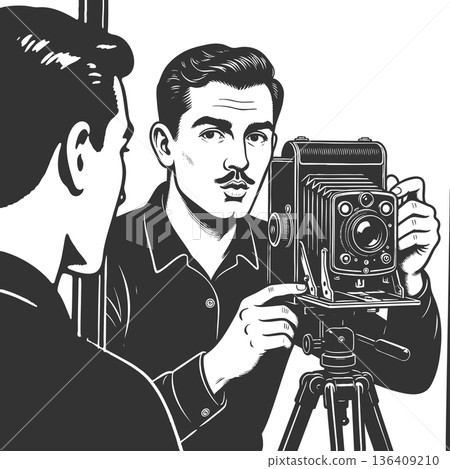 Man vintage camera taking self-portrait in mirror Man vintage camera taking self-portrait in mirror 136409210