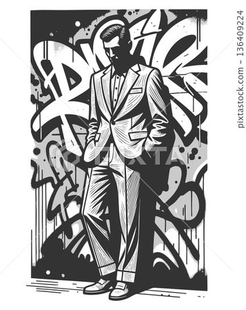 Stylish man in suit standing against graffiti wall Stylish man in suit standing against graffiti wall 136409224