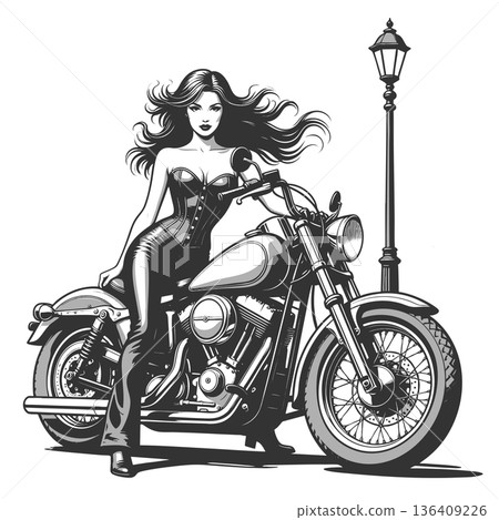 woman posing on motorcycle engraving sketch vector woman posing on motorcycle engraving sketch vector 136409226