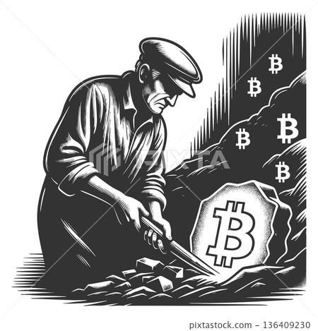 Man mining glowing Bitcoin symbol with pickaxe Man mining glowing Bitcoin symbol with pickaxe 136409230