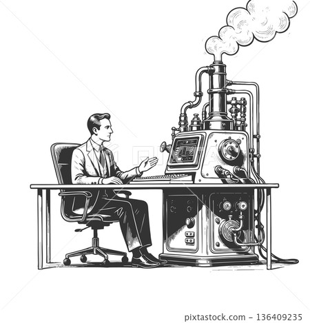 Man retro-futuristic steampunk computer machine 136409235