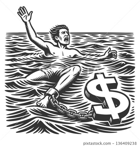 Drowning man chained dollar sign symbolizing debt Drowning man chained dollar sign symbolizing debt 136409238