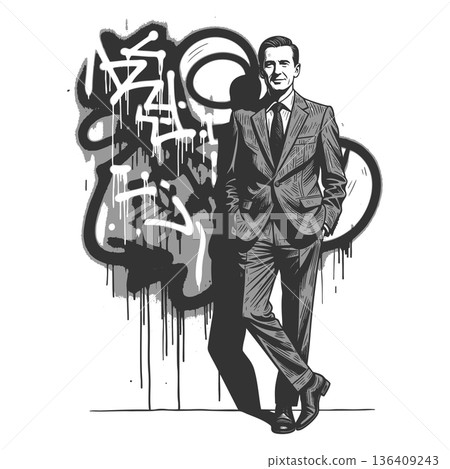 Stylish man in suit standing against graffiti wall Stylish man in suit standing against graffiti wall 136409243