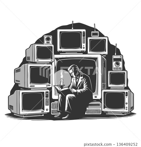 Man reading by candlelight surrounded by old televisions Man reading by candlelight surrounded by old televisions 136409252