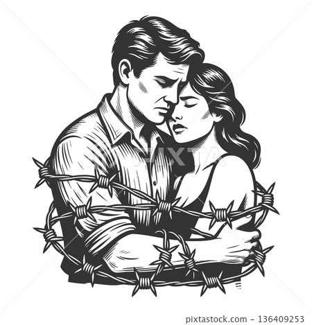 Toxic Bond Couple embracing barbed wire pain Toxic Bond Couple embracing barbed wire pain 136409253