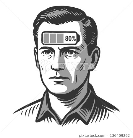 Man with low battery icon on forehead vector 136409262