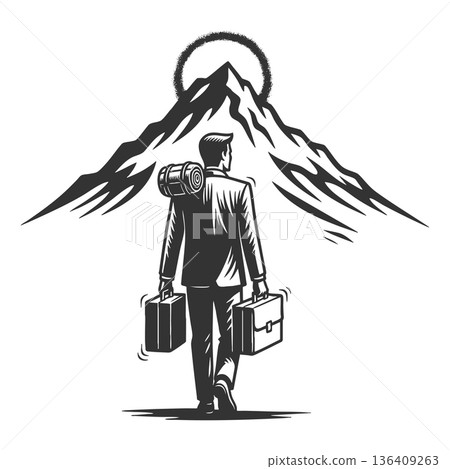 Businessman hiking toward mountain peak luggage Businessman hiking toward mountain peak luggage 136409263