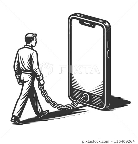 Man chained to smartphone digital addiction Man chained to smartphone digital addiction 136409264