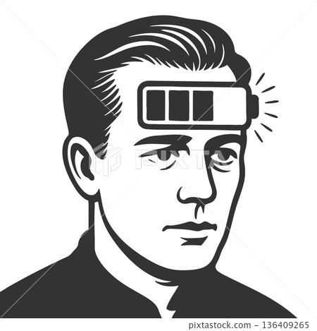 Man with low battery icon on forehead vector 136409265