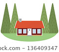 Scandinavian rural cottage and coniferous tree flat design background material 136409347