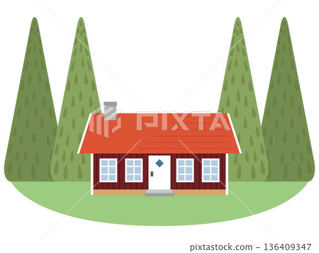 北歐鄉村小屋和針葉樹平面設計背景素材 北歐鄉村小屋和針葉樹平面設計背景素材 136409347