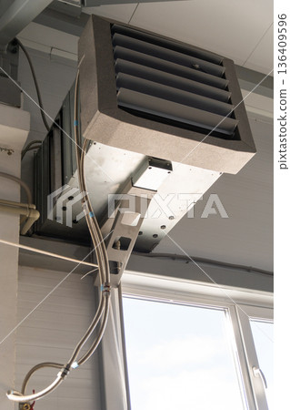 Industrial ventilation unit with air duct and louvered diffuser 136409596
