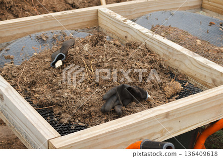 Sifting organic soil and compost for sustainable reforesting and garden preparation Sifting organic soil and compost for sustainable reforesting and garden preparation 136409618