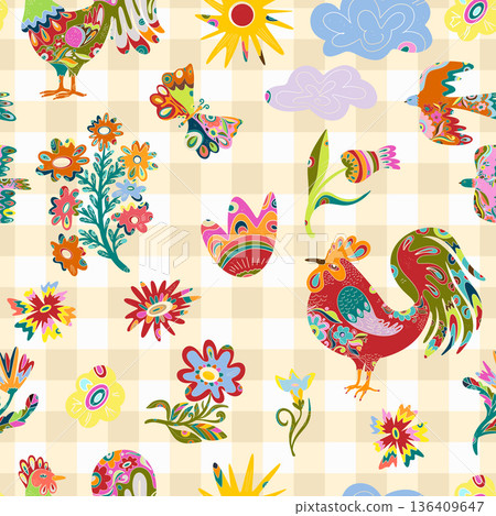 seamless pattern with colorful rooster 136409647