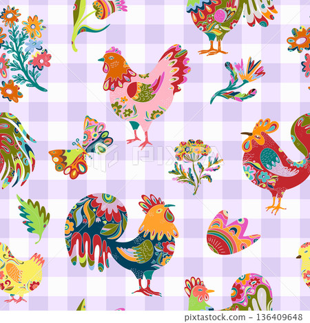 seamless pattern with colorful rooster 136409648