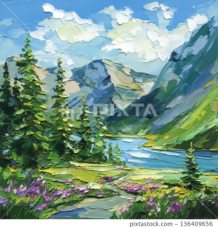 Mountain lake landscape impasto painting with pine trees alpine valley wildflowers and blue sky textured palette knife art Mountain lake landscape impasto painting with pine trees alpine valley wildflowers and blue sky textured palette knife art 136409656