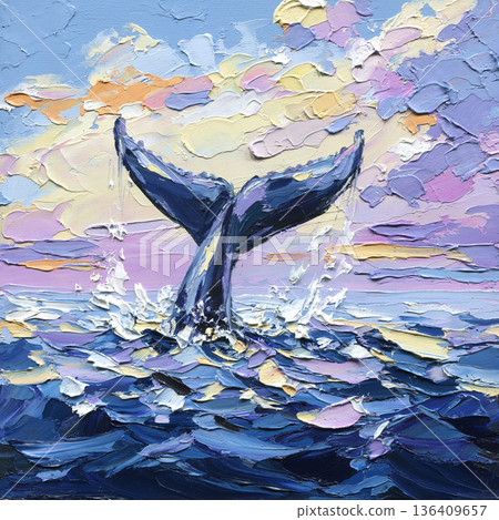 Whale tail seascape impasto painting in pastel sunset ocean waves and splash textured palette knife marine wildlife art Whale tail seascape impasto painting in pastel sunset ocean waves and splash textured palette knife marine wildlife art 136409657