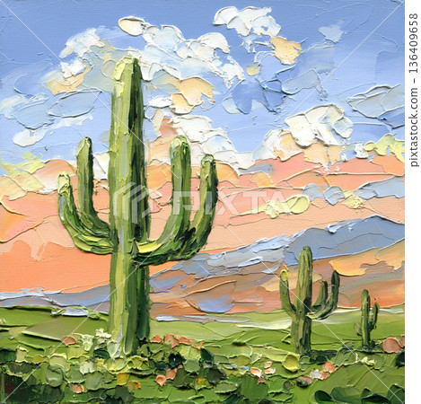 Saguaro cactus desert sunset impasto painting with pastel sky clouds and Arizona landscape textured palette knife art Saguaro cactus desert sunset impasto painting with pastel sky clouds and Arizona landscape textured palette knife art 136409658
