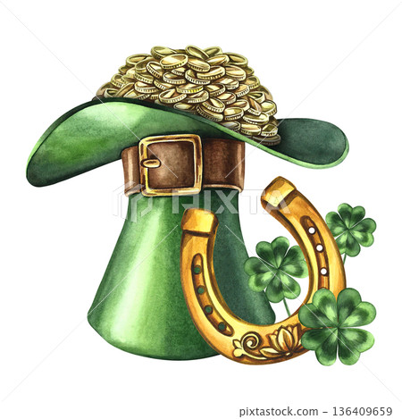 Happy St. Patrick's Day. Hand-drawn watercolor illustration. A leprechaun's hat filled with gold coins, a horseshoe, and a four-leaf clover. For stickers and prints, greeting cards, and holiday decor. Happy St. Patrick's Day. Hand-drawn watercolor illustration. A leprechaun's hat filled with gold coins, a horseshoe, and a four-leaf clover. For stickers and prints, greeting cards, and holiday decor. 136409659