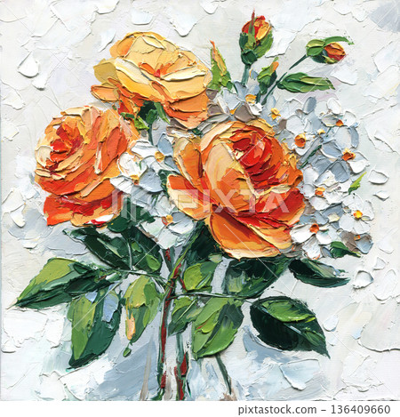 Orange rose bouquet impasto painting with white blossoms green leaves on light background textured floral wall art Orange rose bouquet impasto painting with white blossoms green leaves on light background textured floral wall art 136409660