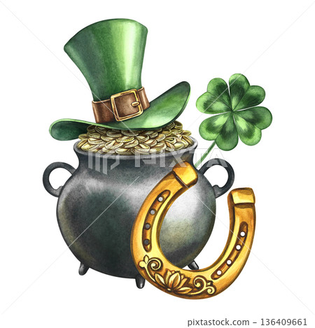 Happy St. Patrick's Day. Hand-drawn watercolor illustration. A pot with gold coins covered with a leprechaun's hat, a horseshoe, and a four-leaf clover. For stickers and prints, and festive decor. Happy St. Patrick's Day. Hand-drawn watercolor illustration. A pot with gold coins covered with a leprechaun's hat, a horseshoe, and a four-leaf clover. For stickers and prints, and festive decor. 136409661