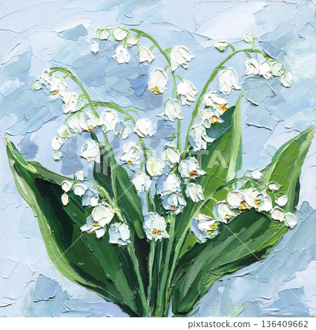 Lily of the valley flowers impasto painting with green leaves on soft blue background textured spring botanical wall art Lily of the valley flowers impasto painting with green leaves on soft blue background textured spring botanical wall art 136409662